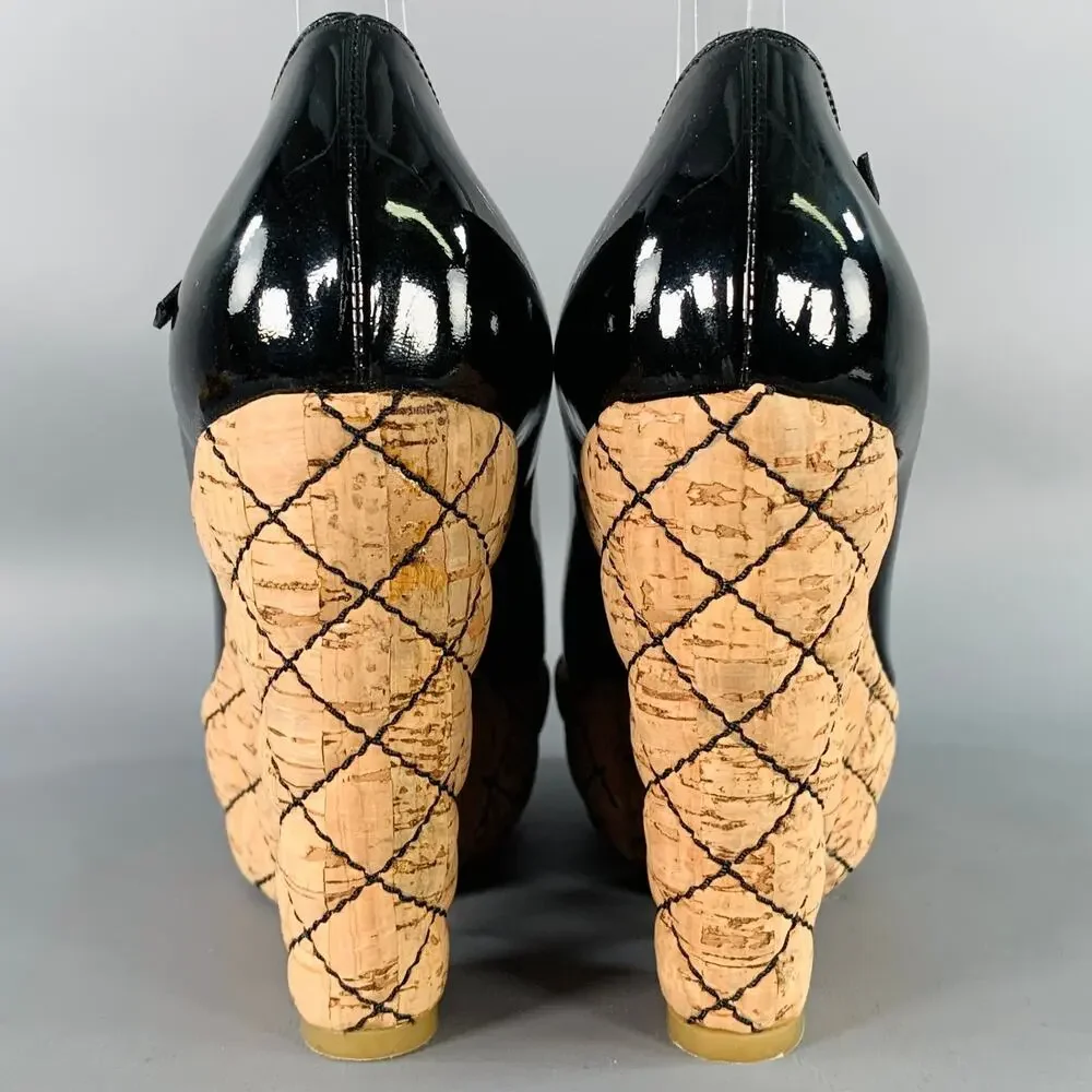 CHANEL 6.5 Black Natural Patent Leather Quilted Cork Peep Toe Platform Pumps